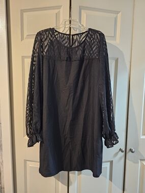 Sheer Yoke Long Sleeve Black Shift Dress XXL